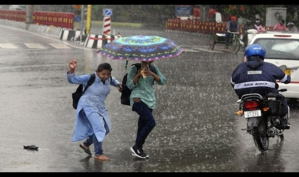 Heavy rain in city two women holding umbrella