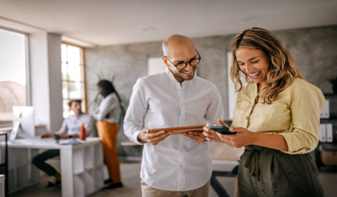 Businessman and businesswoman discussion