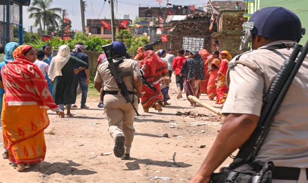 Police and people running