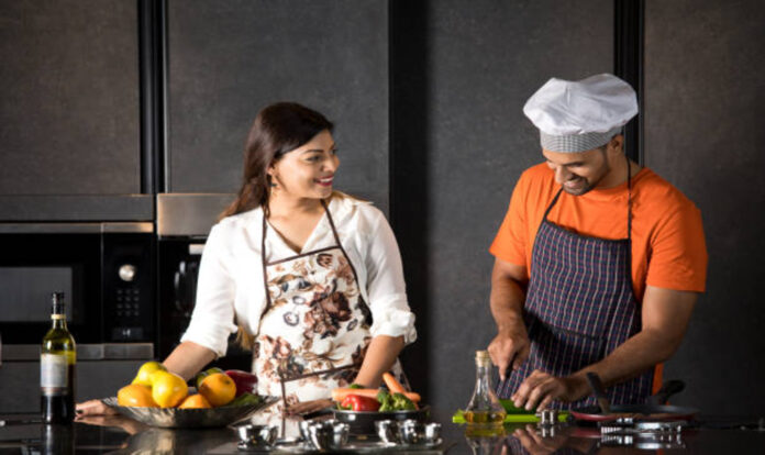 Couple cooking together