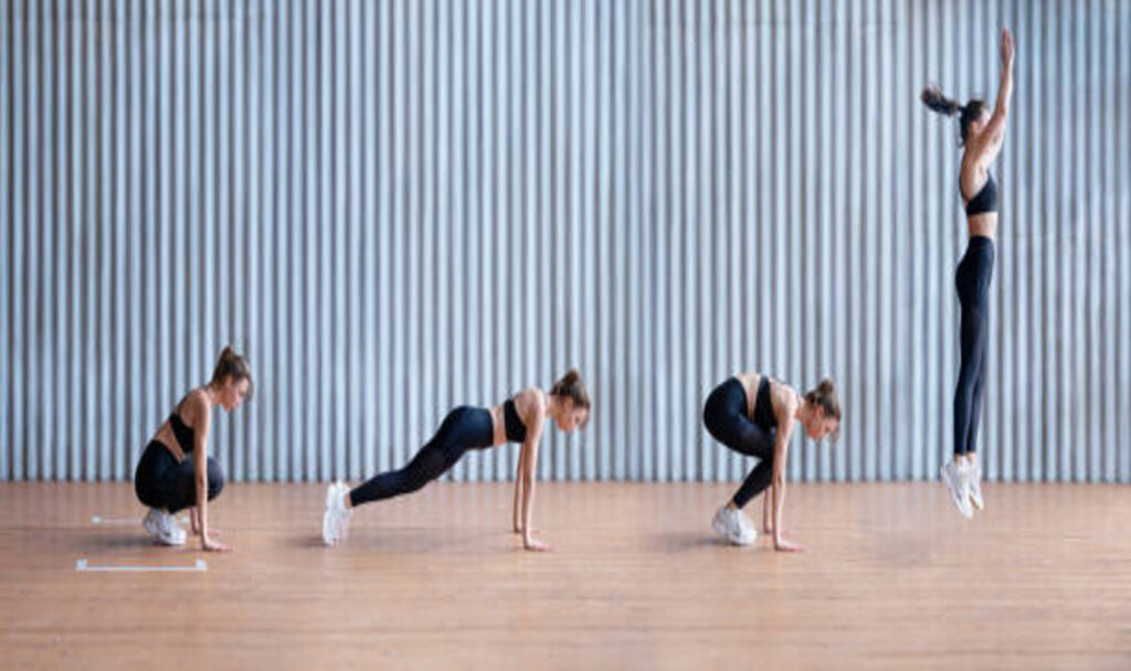 Woman doing burpees step by step