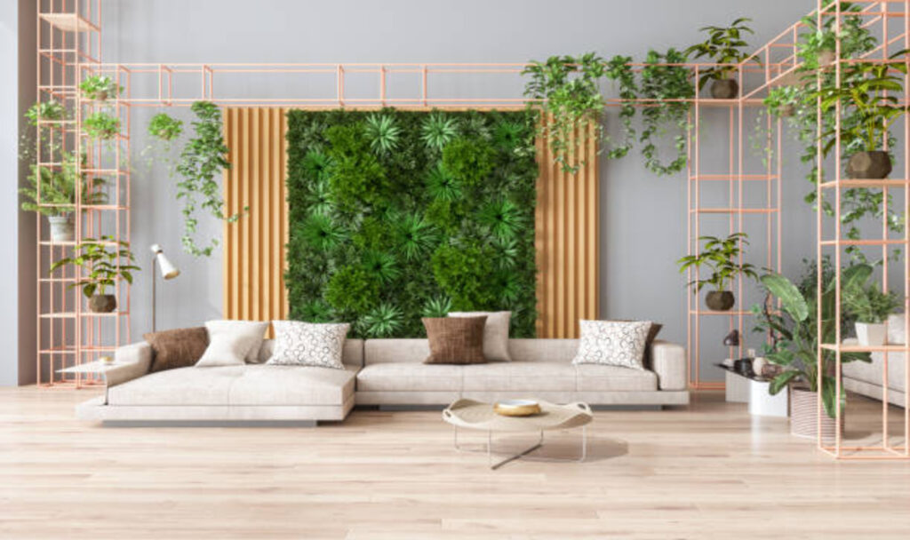 Living room with green vertical background and plants