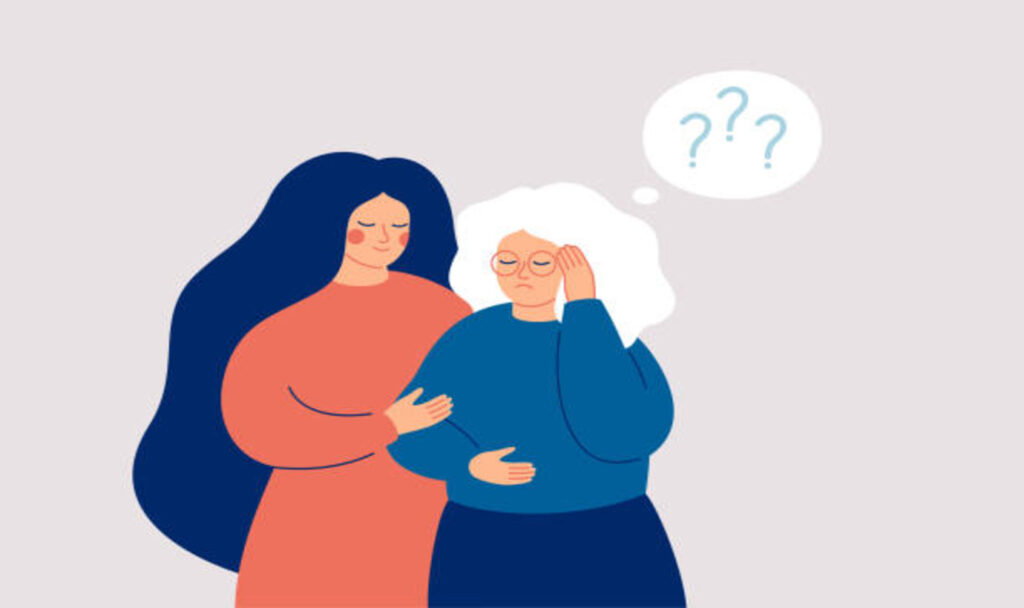 Illustration of nurse holding old woman having memory loss