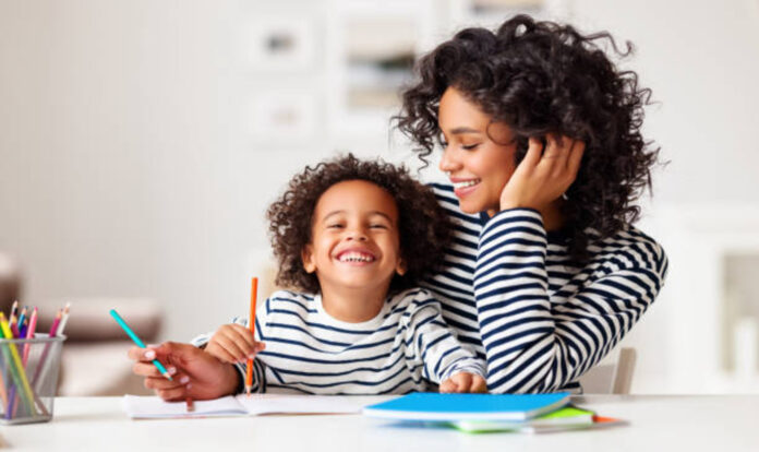 Mother and son doing homework