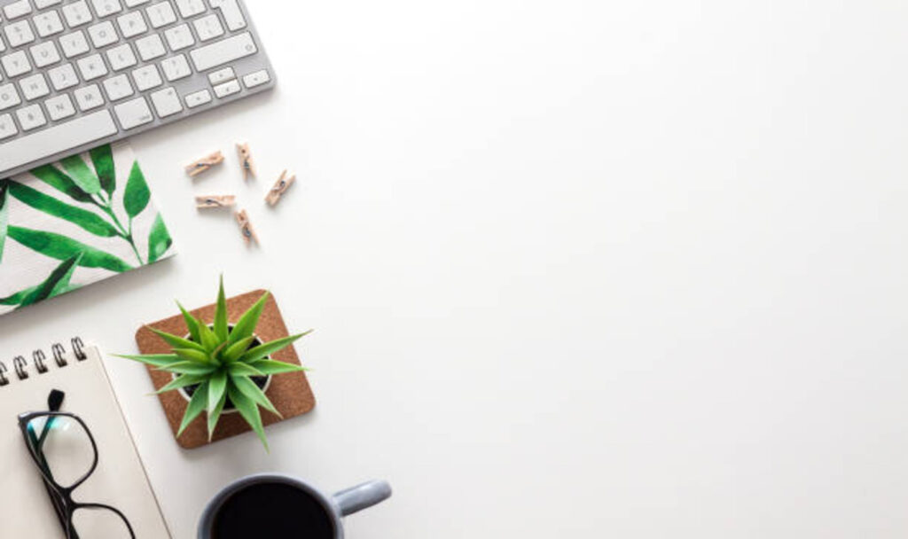 Desk having glass plants and keyboard