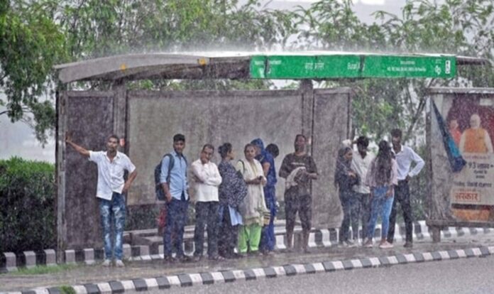 Heavy rainfall and people standing