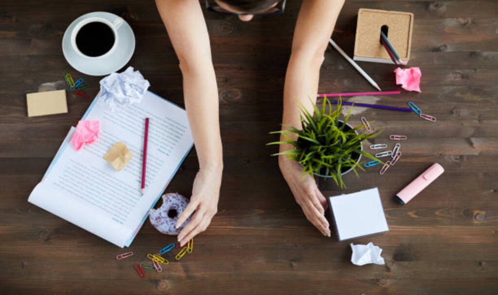 Woman organizing desk